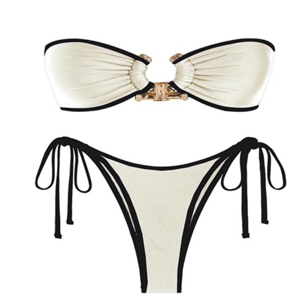 Zaful Womens White Black Contrast Bandeau Bikini Set Gold Hardware SZ Medium NWT